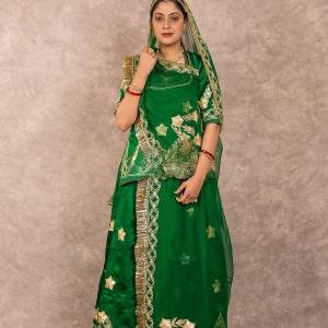 Bottle Green Gottapatti Rajputi Poshak | Traditional Sikhiya Work on Bamber Satin | Jaipurio Designer Collection